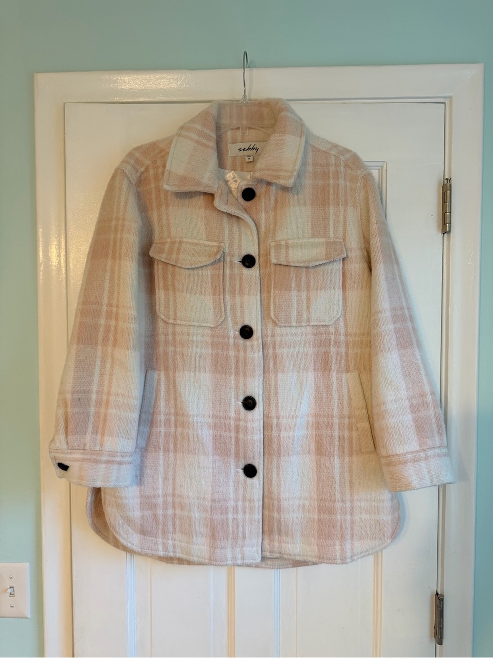 Sebby Pale Pink & Cream Plaid Pea Coat